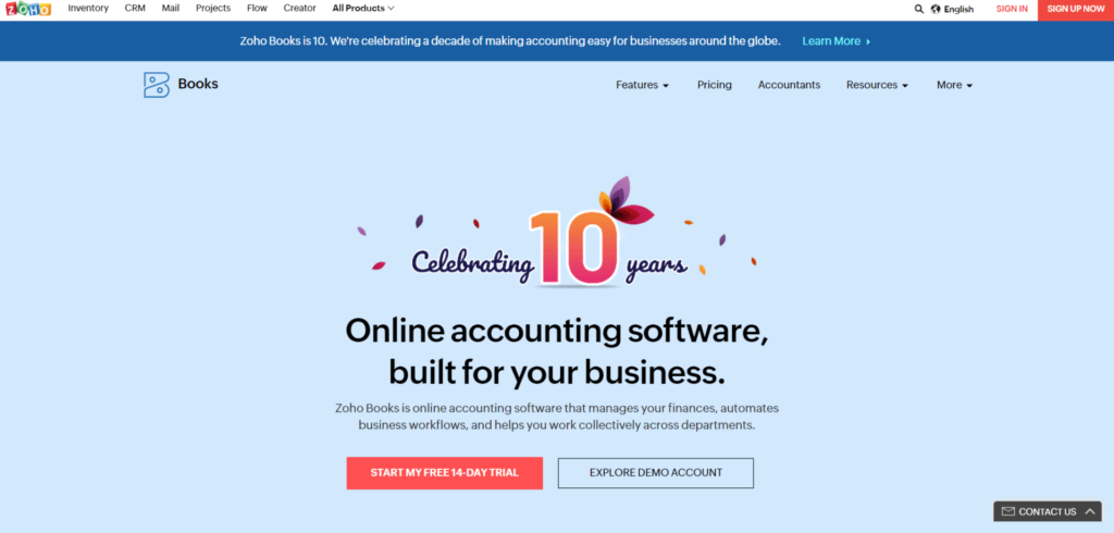 screenshot of zoho global alternative software for online accounting