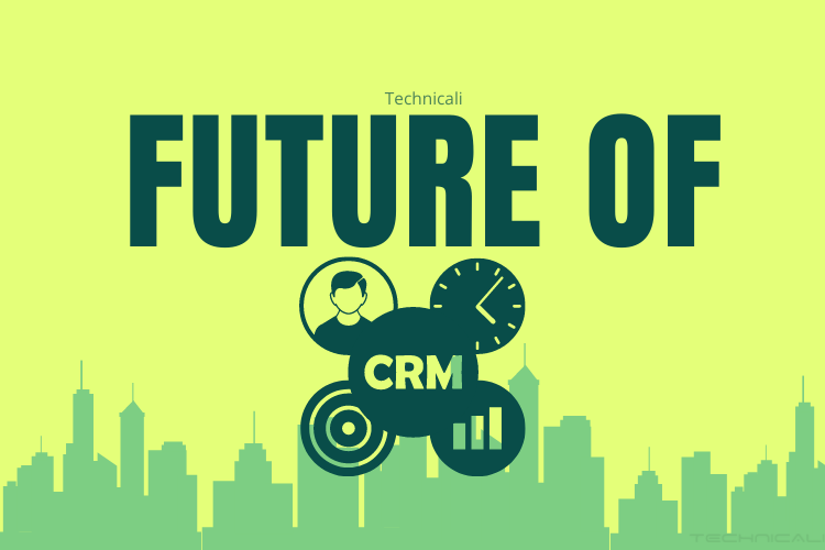 Cover Future of CRM written with building elements on background.