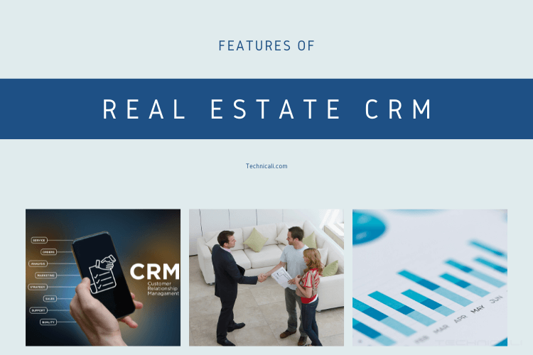 Cover Features of CRM with 3 photos showing CRM uses, 3 persons making deal and monthly stats.