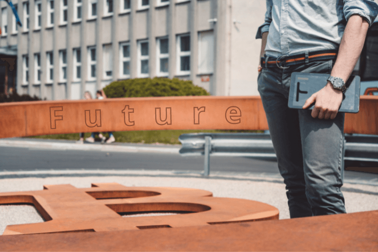 Man standing on bitcoin floor near building holding tablet