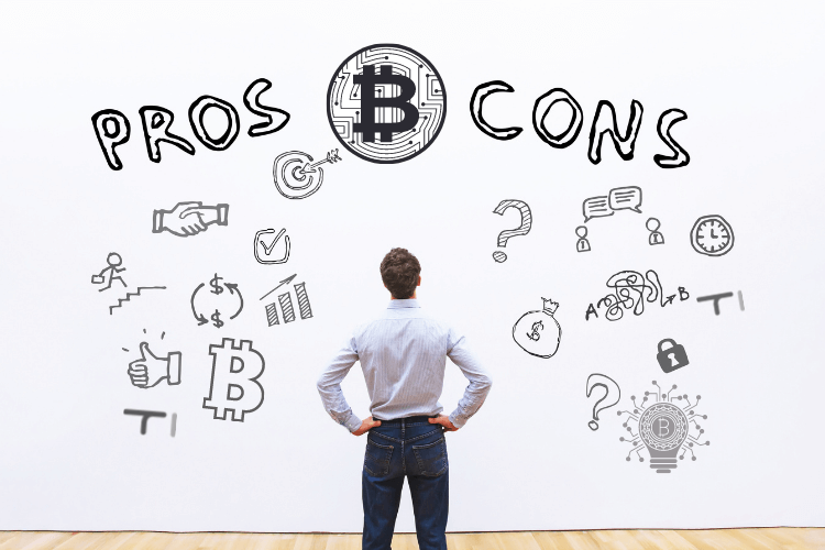 man looking on wall written pros and cons with bitcoin illustrations