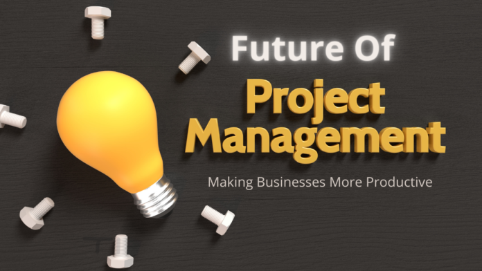 future of project management yellow bulb surrounded by open nut bolts and heading future of project management
