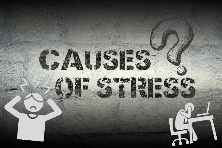 causes of stress imprinted on wall in black colour with grey human figures signifying stress