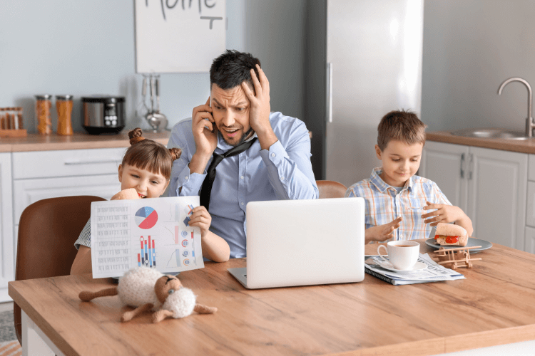 father getting stress talking on mobile while children are busy in their chores