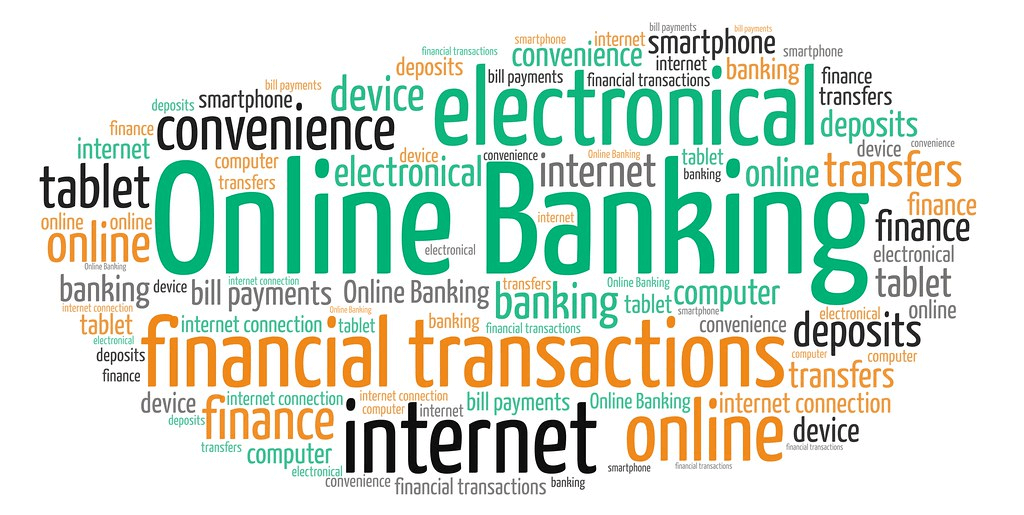 multiple digital terminologies written with online banking in the center in green color