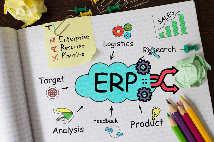 erp written on notebook in clue cloud with coloured pencils