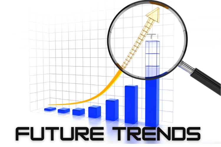 bar chart with lens and text future trends written on the bottom