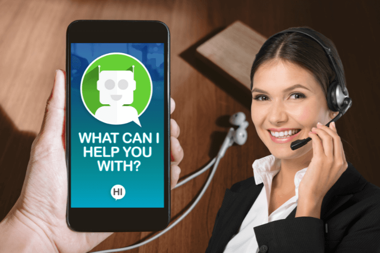 mobile with chatbot asking what can i help you with and women with headphones