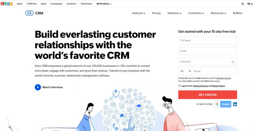 zoho crm homepage