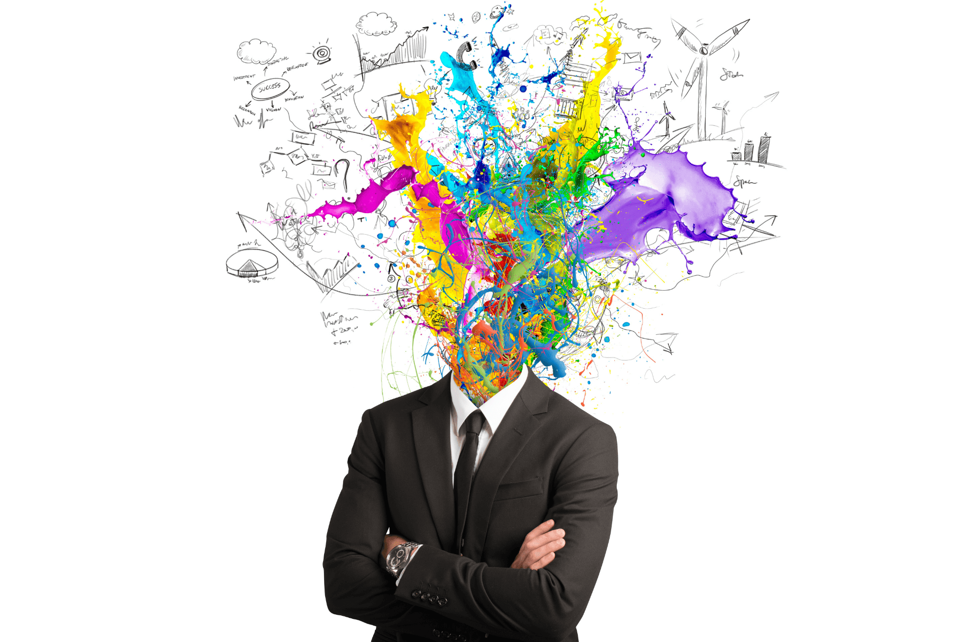 creative visual of a business person standing with arms crossed and upper part from neck is illustrated with creative colorful thoughts and visuals
