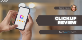 Clickup Review – One Work App For Everything ClickUp Review Featured Image - Hand Holding Mobile with app logo