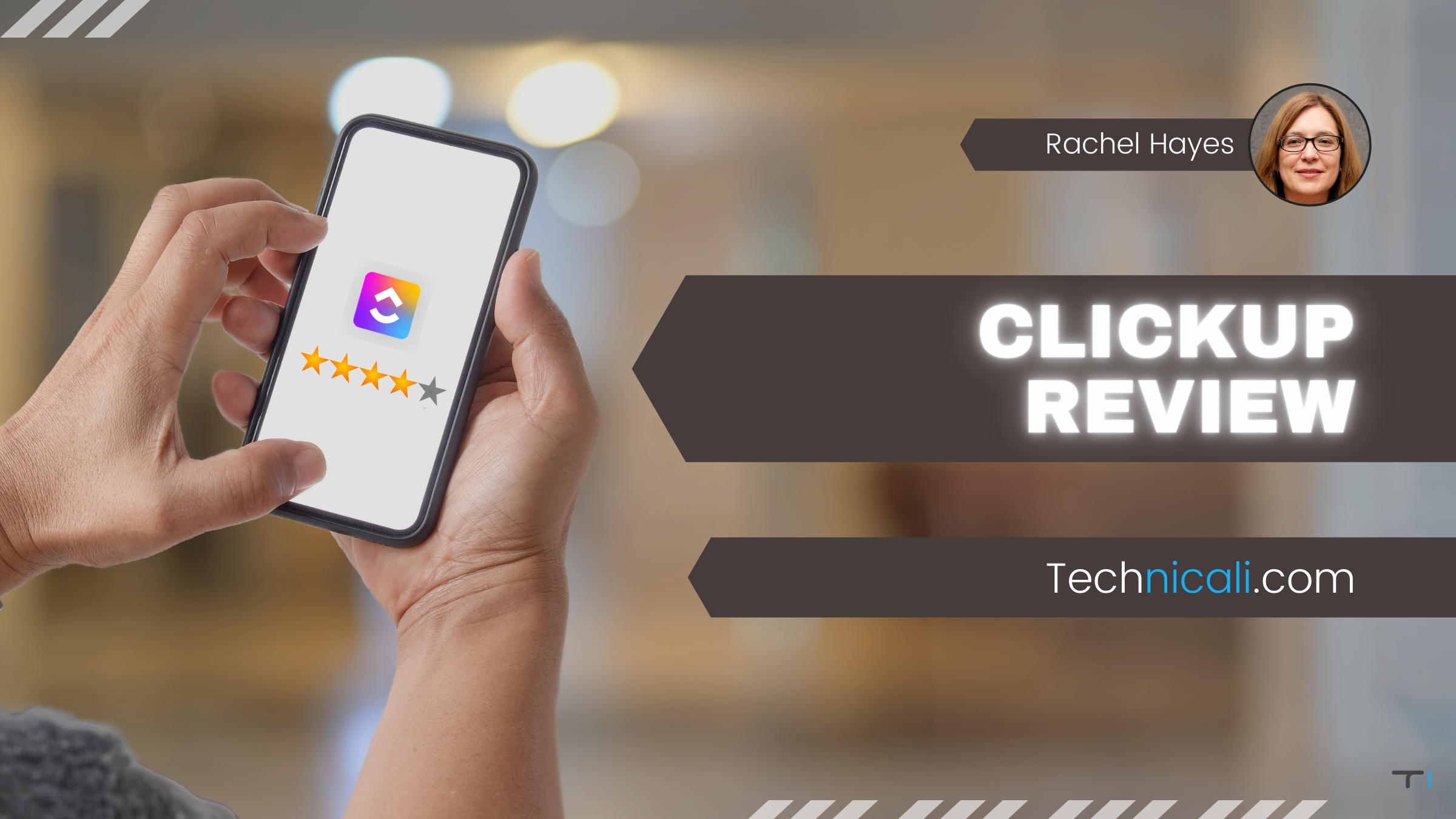 ClickUp Review Featured Image - Hand Holding Mobile with app logo