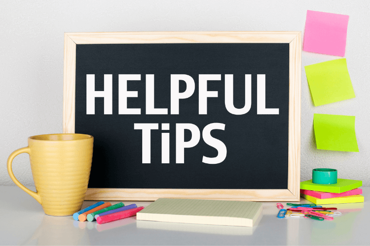 black board with 'HELPFUL TIPS' text and a mug with sticky notes around it