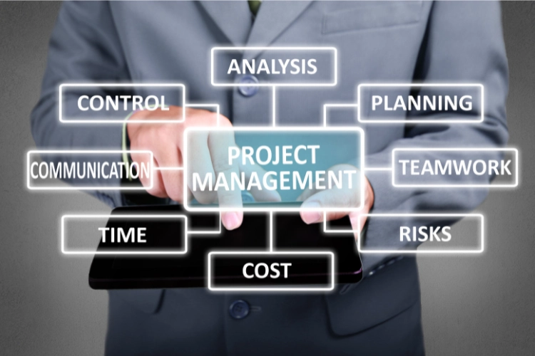 professional pointing to project management text with features written all over it.