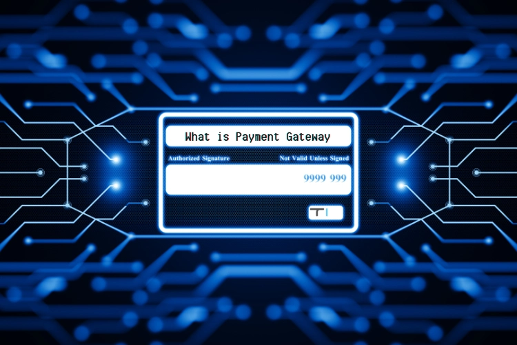 illustration of card written what is payment gateway on it, with tech blue background