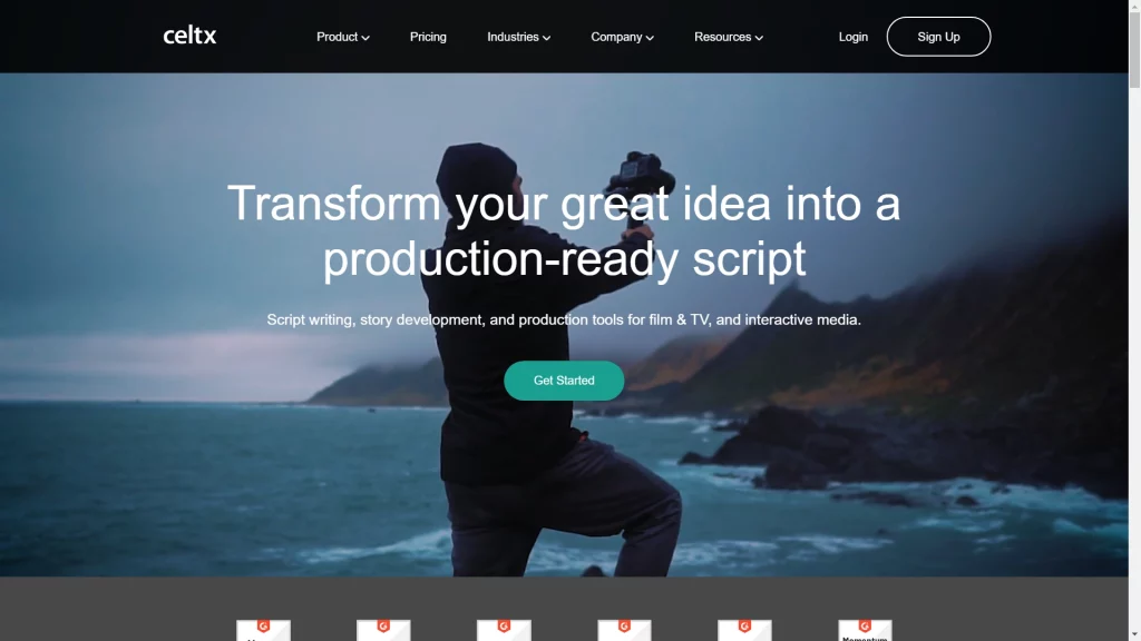 in Background a guy holding a camera on stick in a beach shore, written transform your great idea into a production ready script with get started button