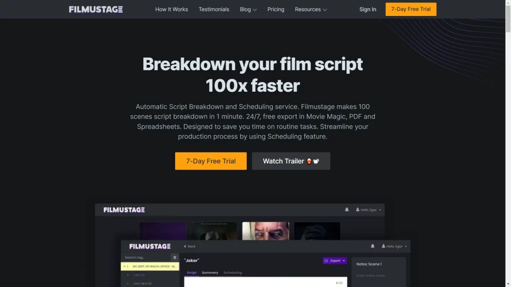 Filmustage tool offering 7 days trial for script and scenes management