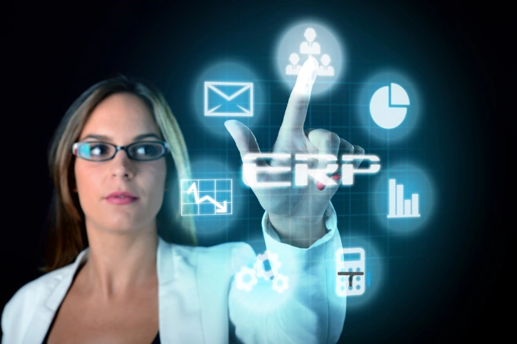woman pointing to collaboration using erp