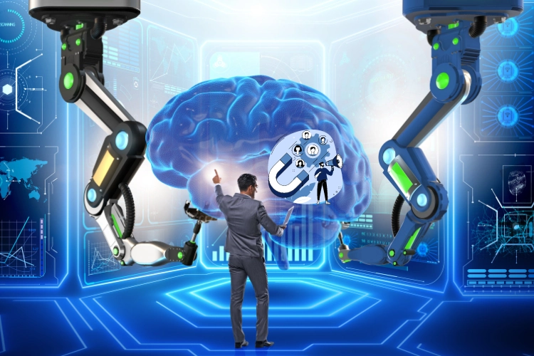 man directing leads human brain via ai robot arms