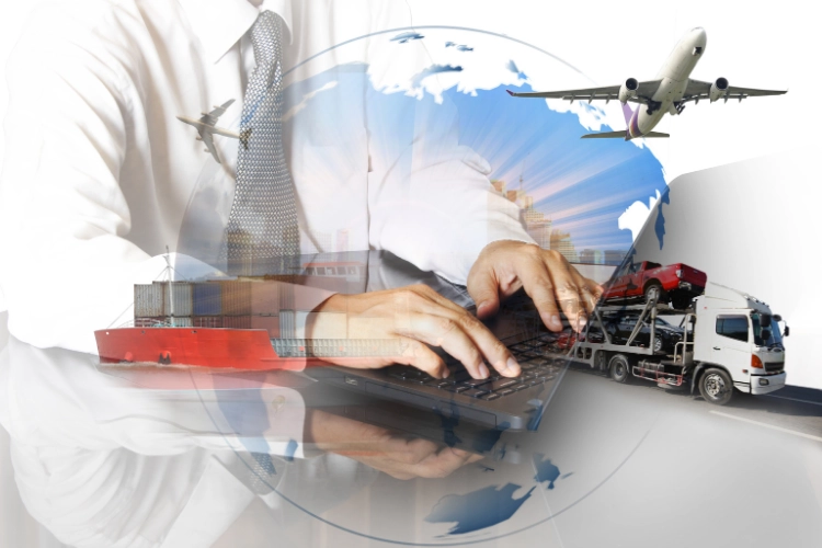 man typing on laptop with background of ship in sea, truck on road and aeroplane flying and earth 