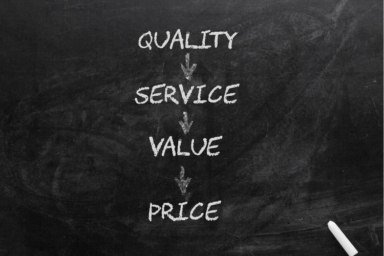 quality, service, value, price written with chalk on blackboard