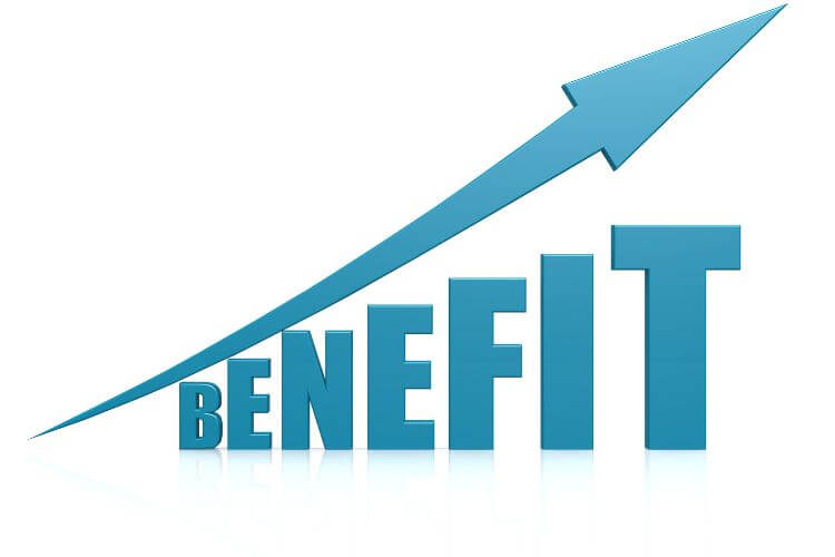 Blue word "Benefit" with an upward-pointing arrow beginning at "B" and ending above "T," symbolizing the growth.