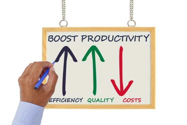 Wooden sign with three arrows: black for Efficiency up, green for Quality up, red for Costs down.