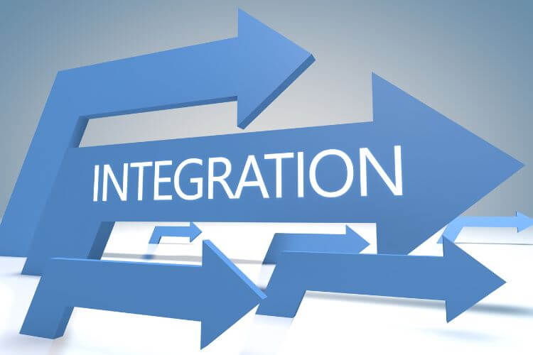 Blue arrows of varying sizes point in different directions on a light background word with "Integration".