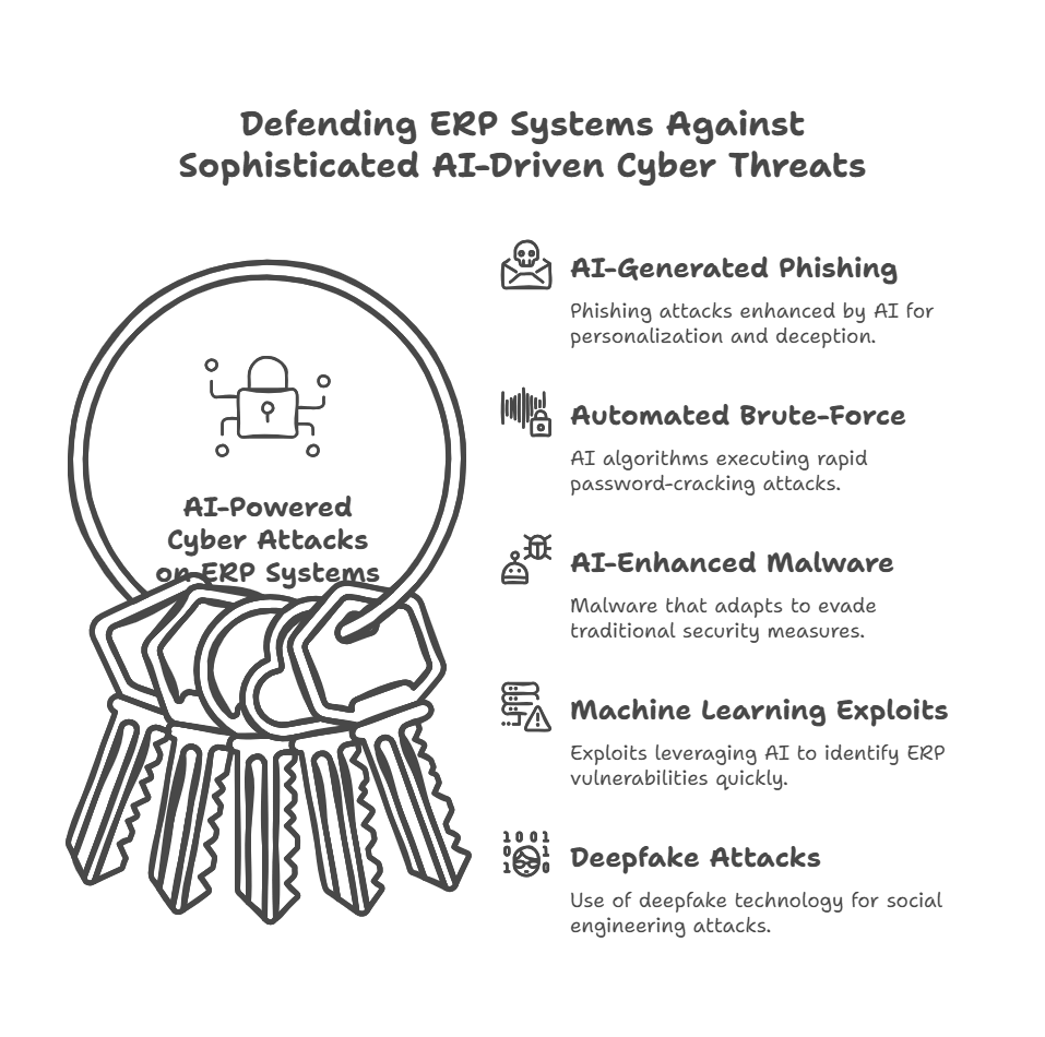 Key-ring graphics represent the ERP system against sophisticated AI-Driven cyber Threats.