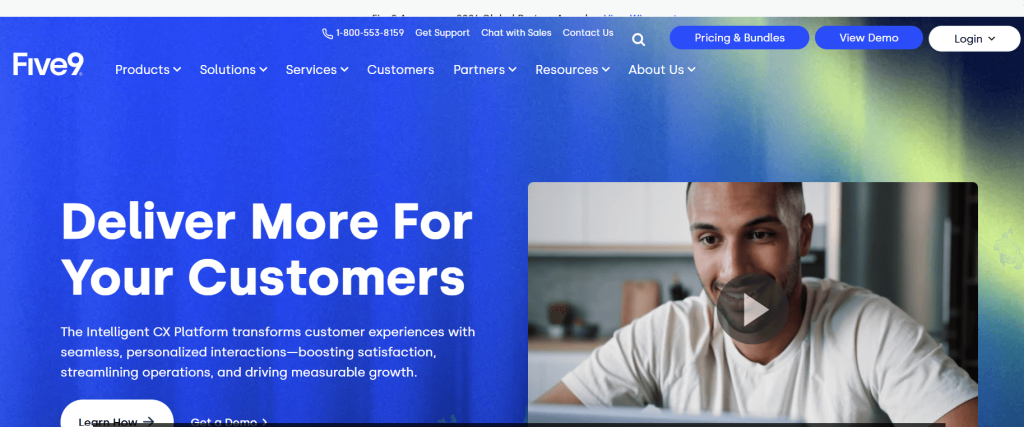 Five9 webpage showing: A man in a white shirt is smiling in a video thumbnail on the right side in screen.