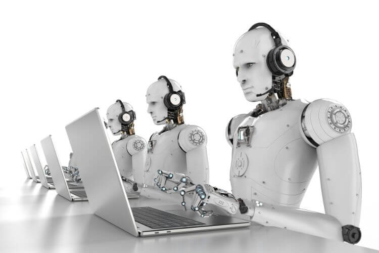 Robots wearing headsets sit in a row , each using a laptop