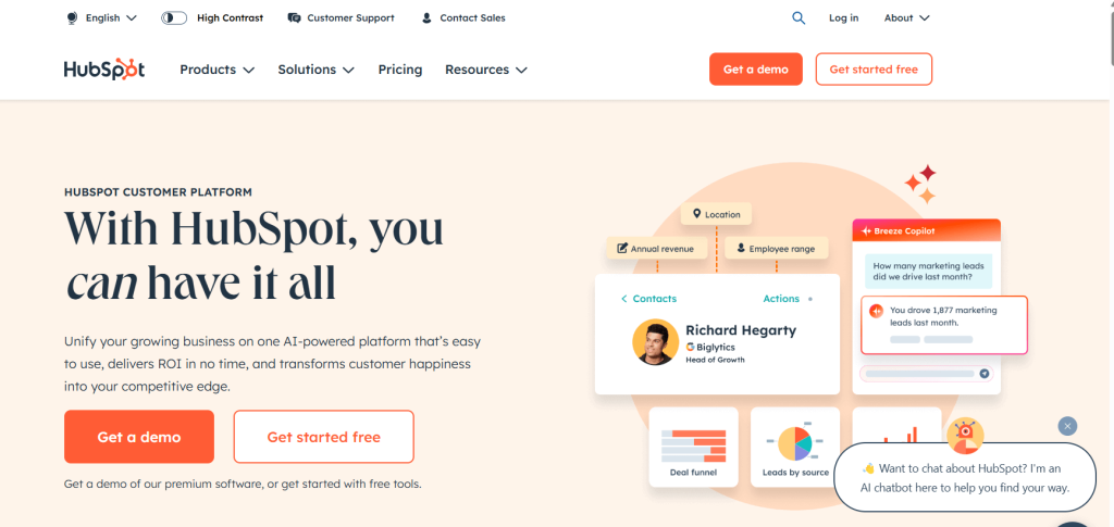 Hubspot webpage displaying the features like contact management and analytics