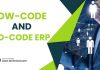 Low-Code and No-Code ERP Customisation: Empowering Business Users to Build Solutions Green and blue geometric shapes with networked icons on the right