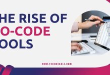 The Rise of No-Code Tools: Empowering Non-Technical Project Managers Graphic with bold text 'The Rise of No-Code Tools'; image of hands using a tablet displaying charts.