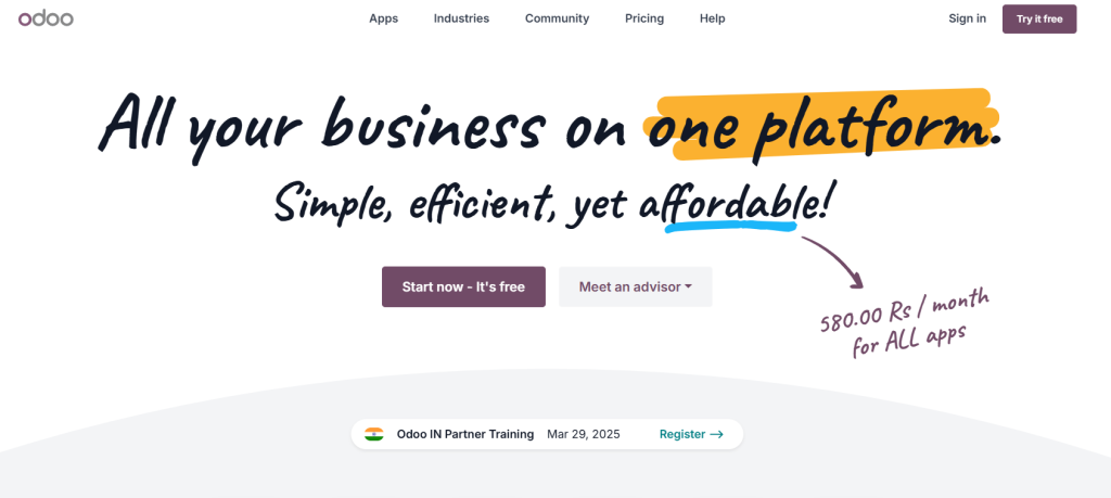 Odoo webpage screen display text "All your business on one platform".