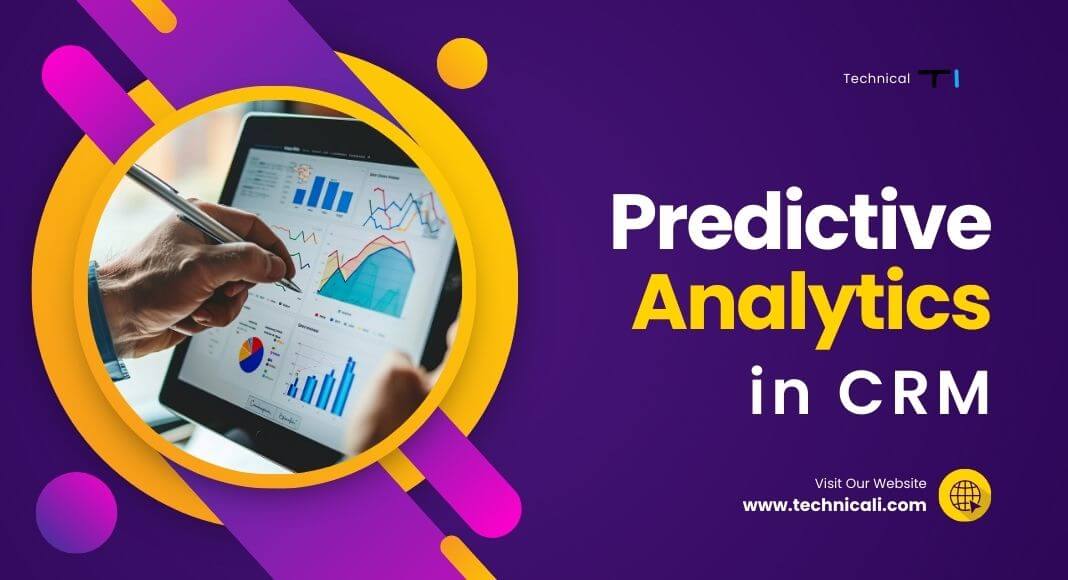 Purple graphic promoting 'Predictive Analytics in CRM' features hands holding a tablet displaying colorful charts