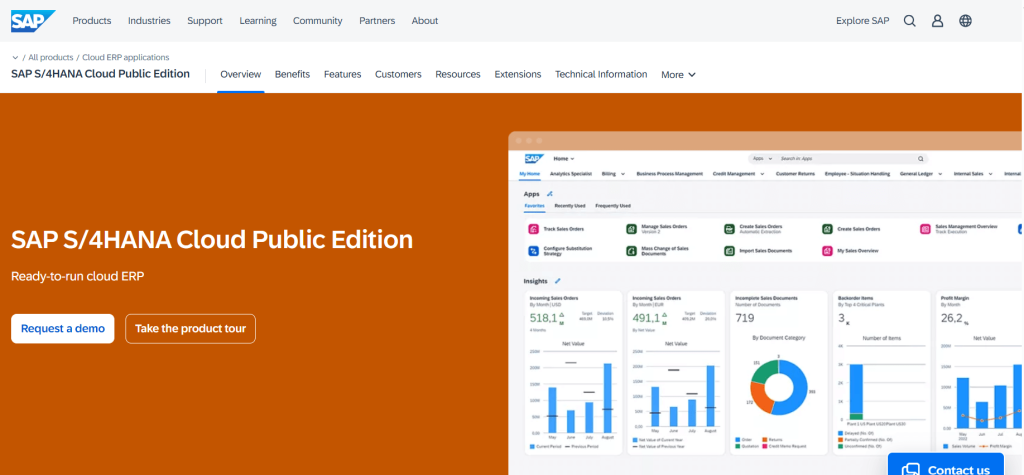 SAP S/ 4HANA webpage displaying sales analytics and insight, including chart and graphs.