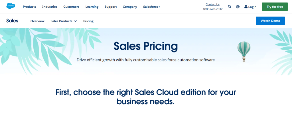 salesforce sale webpage represent the First , choose the right sales cloud edition for your business needs.