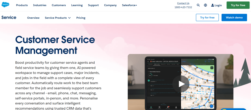 Salesforce service management webpage showing a promotional image of a tablet displaying software features and a navigation menu.