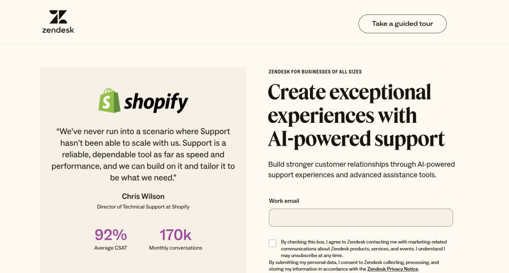 Zendesk webpage display the shopify testimonial.