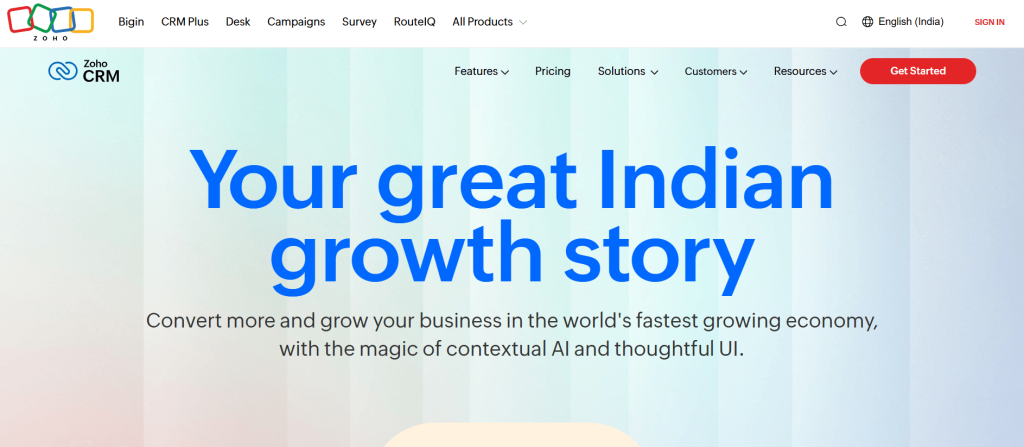 Zoho CRM webpage display the text " Your great Indian growth story" on the screen.