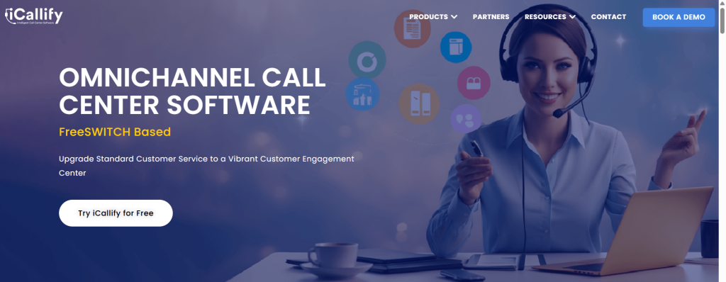 In icallify webpage a smiling women wearing headset work at a laptop, promoting Omnichannel call center software.