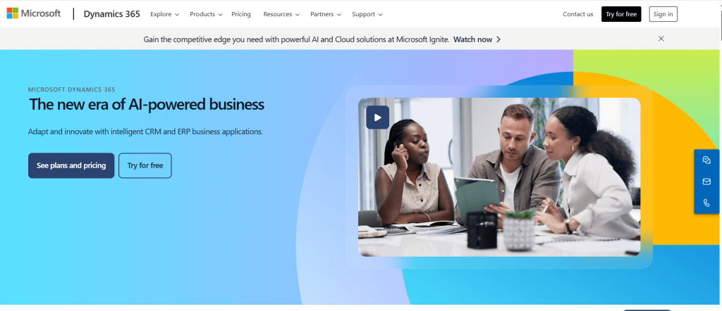 Dynamics 365 webpage showing the three person are discussing about CRM and ERP business.