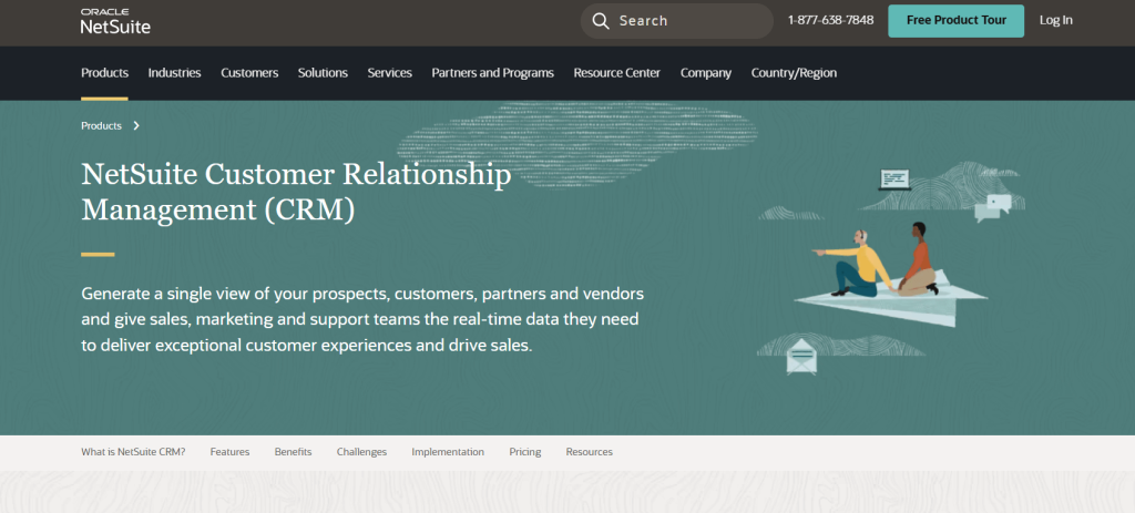 Oracle Netsuite page showing: two people on a paper airplane communicating with each other about Netsuite CRM.