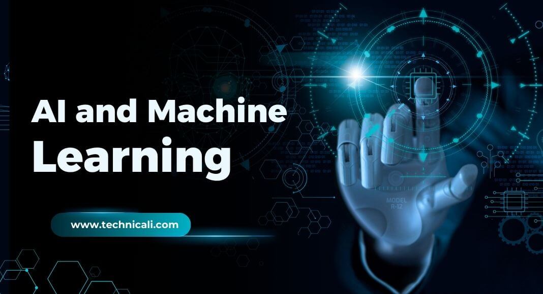Image of a robotic hand reaching towards a digital interface, featuring circular graphics, hexagons, and code, with the text 