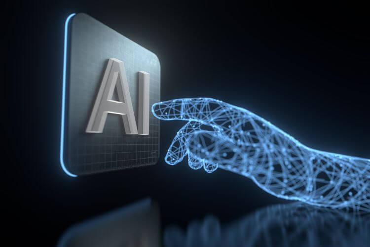 A glowing wireframe hand extends a finger toward a button labeled "AI" on a dark background