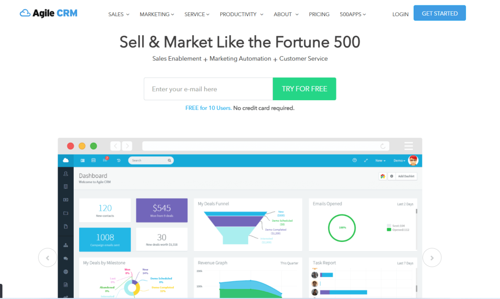 A web page represent the "Sell & Market like the Fortune 500" in bold highlight text and in bottom show the dashboard of agile CRM.