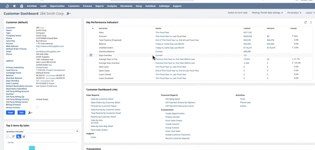 Dashboard interface showing customer details, key performance indicators, and links to reports and transactions. Data displayed for Smith Corp.