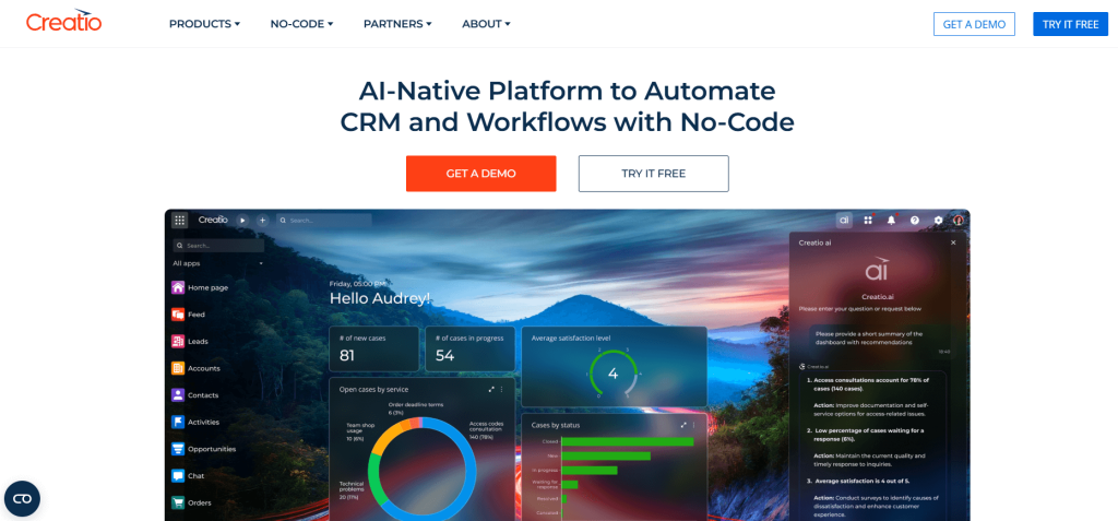 Creatio website homepage showcasing an AI-native platform for automating CRM and workflows with no-code.