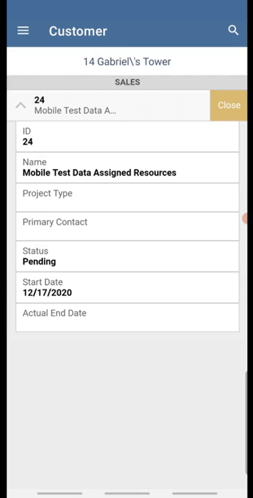 Mobile app screenshot showing a customer page titled "14 Gabriel's Tower.